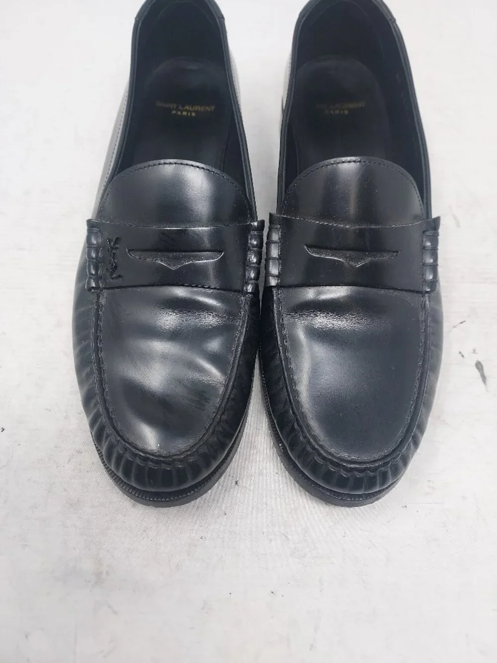 YSL Yves Saint Laurent MENS Black Logo Penny Patent Loafer Shoe